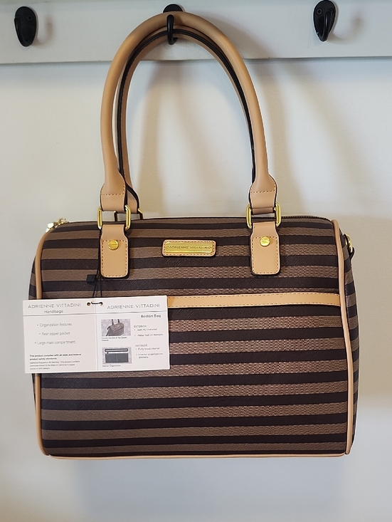 Adrienne Vittadini Handbags - Adrienne Vittadini Brown Striped Satchel with Tan Trim